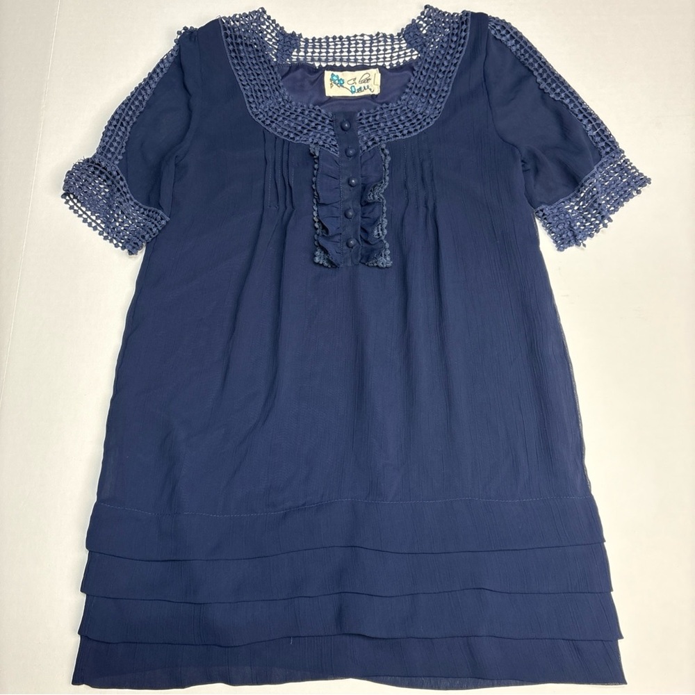 C. Luce Women’s Small Shirt Tunic Blue Crochet Ruffle Short Sleeve Poly Spandex